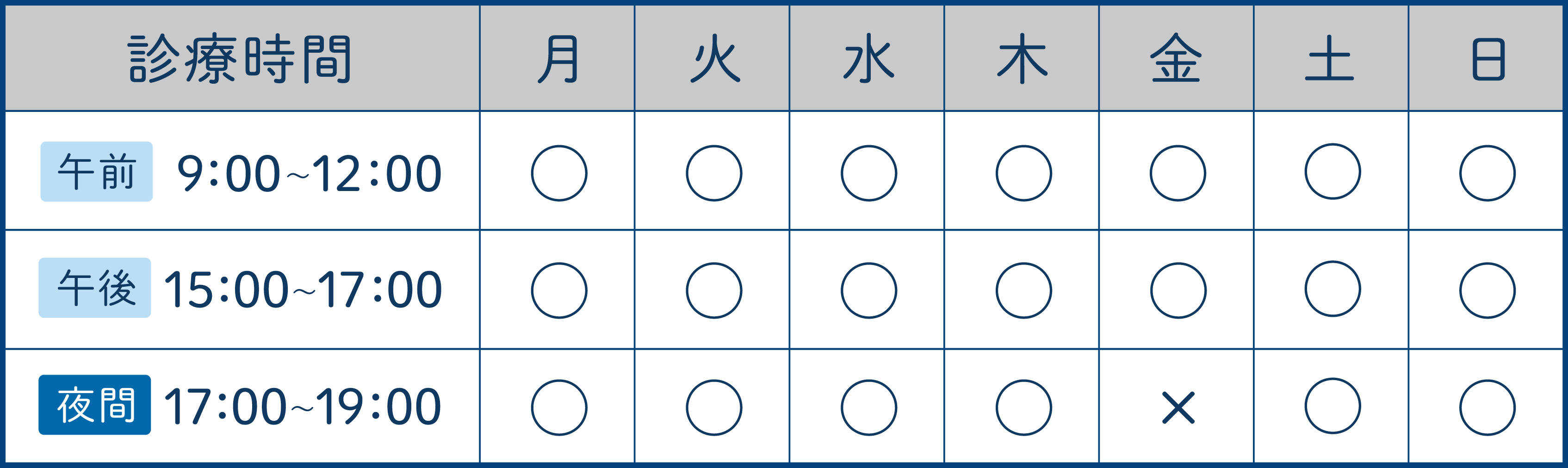 診療時間:午前9:00～12:00、午後15:00～17:00、夜間診療17:00～19:00